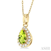5x3 MM Pear Shape Peridot and 1/20 ctw Single Cut Diamond Halo Semi Precious Pendant with Chain in 10K Yellow Gold